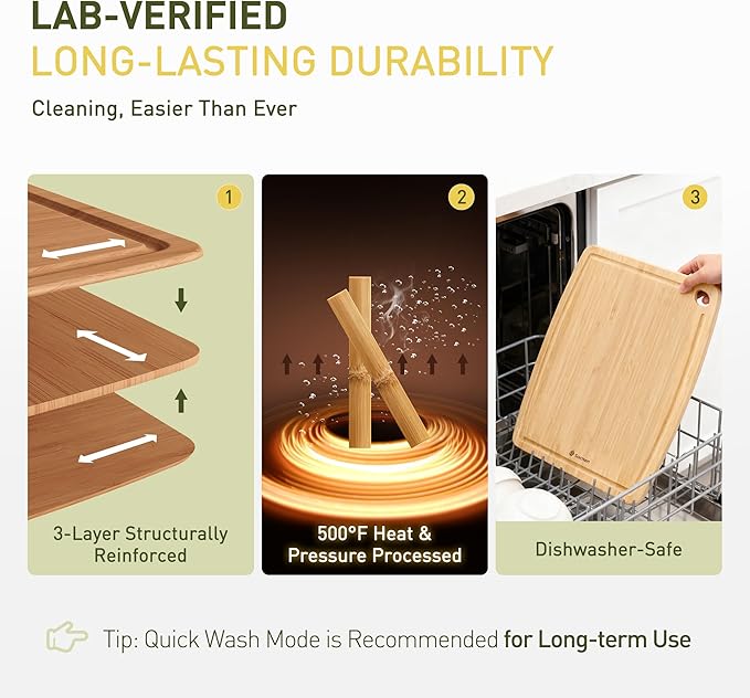 Lightweight Durable Bamboo Cutting Board Set with Non-Slip Feet, Wood Cutting Board for Busy Kitchen, Easy Clean Wooden Chopping Boards with Juice Groove Best House Warming Gift Set of 3 (S+M+L)