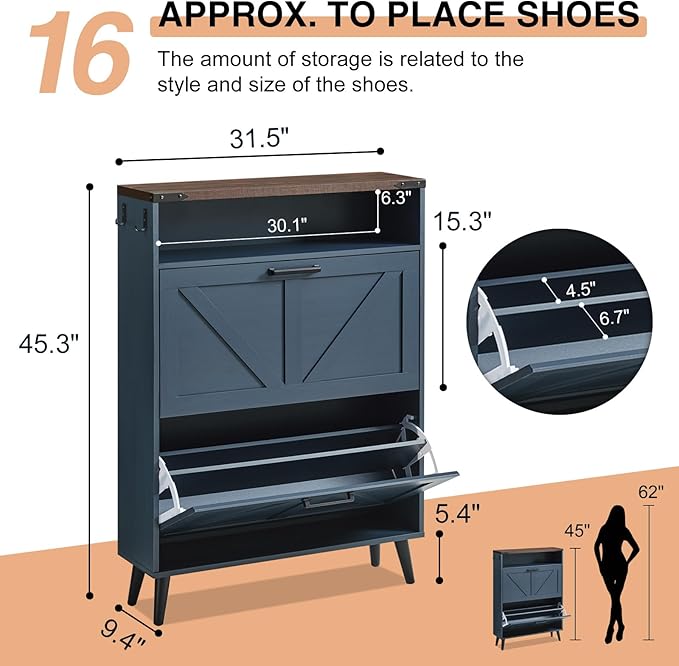 Shoe Storage Cabinet,Farmhouse Shoe Organizer with 2 Flip Drawers & Barn Door Design,Freestanding Hidden Slim Narrow Shoe Rack Cabinet with Open Storage for Entryway, Foyer,Hallway,Navy Blue