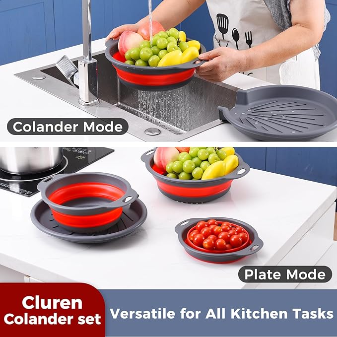 Collapsible Colander Set with Universal Draining Tray | 3-Pack Foldable Kitchen Strainers + Base | Space Saving for Pasta, Veggies, Fruit & Rice | 5 Colors (Gray-Red)
