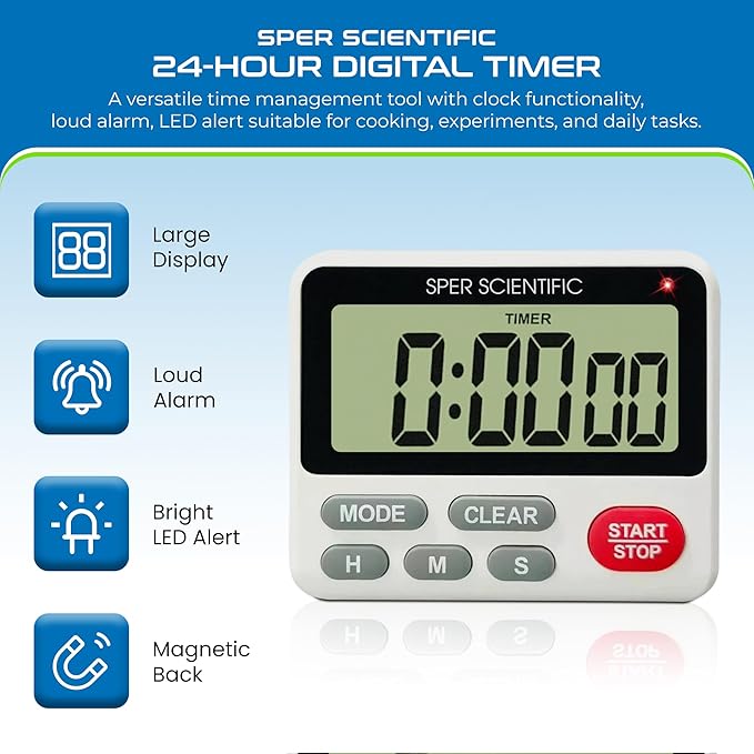 Sper Scientific 24-Hour Digital Lab + Kitchen Timer with LED Light 810001 - Precision Countdown Timer with Large Display, Loud Alarm & Clock Mode - for Cooking, Lab Experiments & More - 4 pc