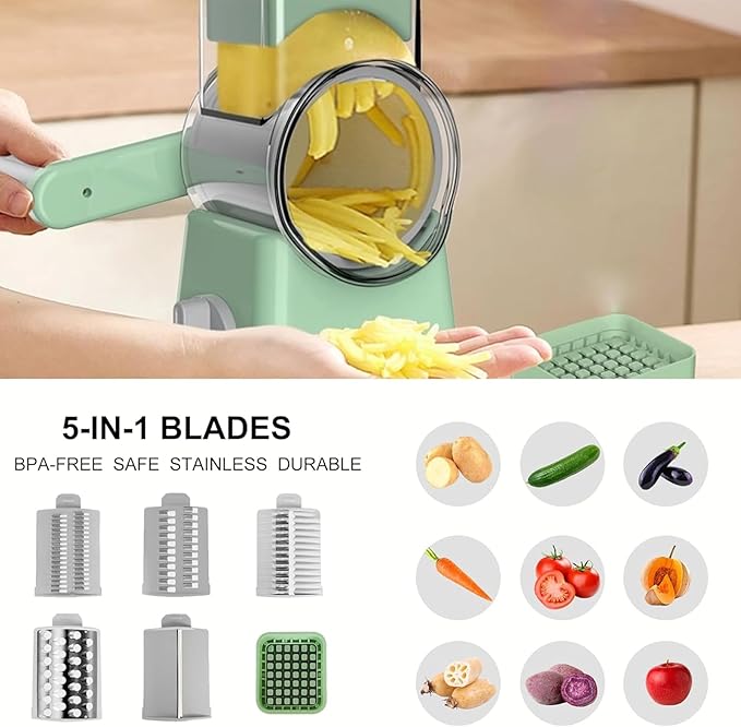Rotary Cheese Grater, 6-in-1 Vegetable Shredder and Mandoline Slicer with 6 Stainless Steel Blades, Easy to Use & Clean Food Chopper with Dicing Blade (White)