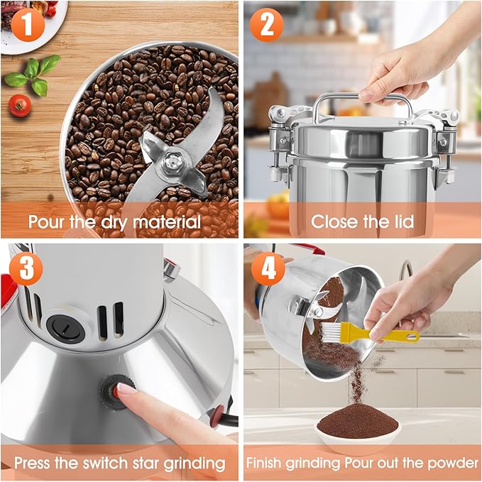 150g Electric Grain Mill Grinder - 850W High-Speed Stainless Steel Dry Food Grinder for Coffee, Spices, Nuts & Herbs | 28000 RPM | 3 Blades | Commercial & Home Kitchen Use
