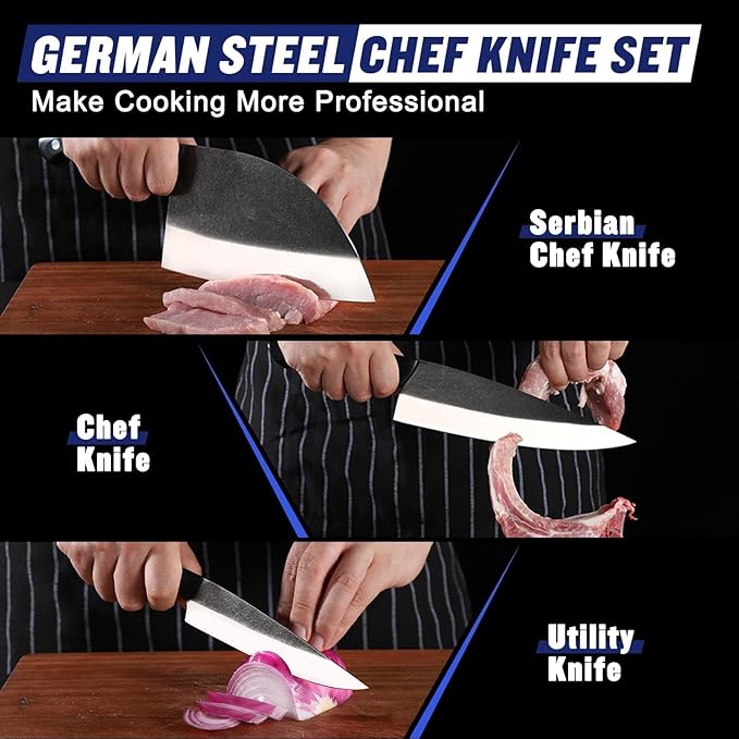 SSGP Butcher Knife Set of 3- Japanese Knife Set for Meat Cutting, Hand Forged Viking Knives Sets with Meat Cleaver, Heavy-Duty Kitchen Knives Sets for Bone BBQ Vegetable, Christmas Gifts for Men