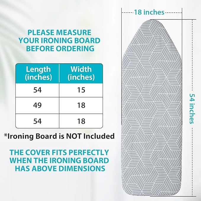 Seiritex Extra Wide Ironing Board Cover and Pad 18 x 54 inch Heat Reflective with Hook and Loop Fasteners, Thick Padding with Elasticized Edges, 3 Layers Iron Board Cover (Gray Cube)