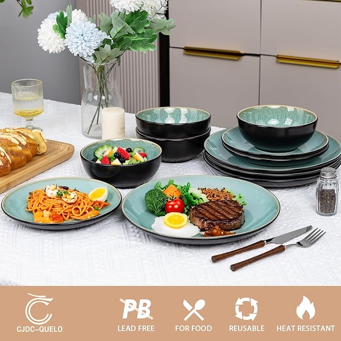 Plates and Bowls Sets for 6 - CJDC-QUELO 24-Piece Stoneware Dinnerware Sets, Ceramic Dishware Set for Indoor Kitchen Use and Formal Dining, Chip and Scratch Resistant Microwave Dishwasher Safe, Green