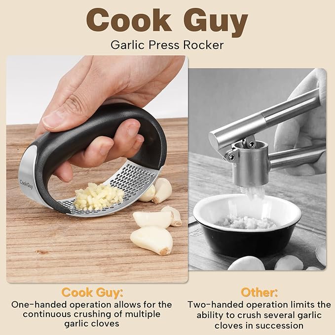 Cook Guy 304 Stainless Steel Garlic Press Rocker Set - Premium Garlic Mincer, Crusher, Peeler and Scraper Tool for Effortless Mincing - Comfortable Grip Garlic Grinder (Silver)