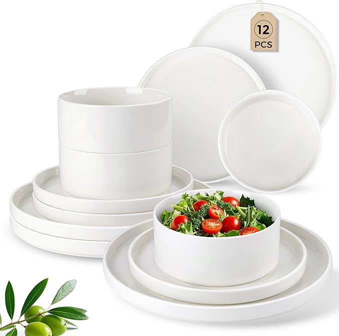 LERATIO Ceramic Dinnerware Sets for 4,12 Pieces Poreclain Plates and Bowls Sets,Scratch Resistant Dishes,Dishwasher & Microwave Safe Dishes Set,Service for 4-White