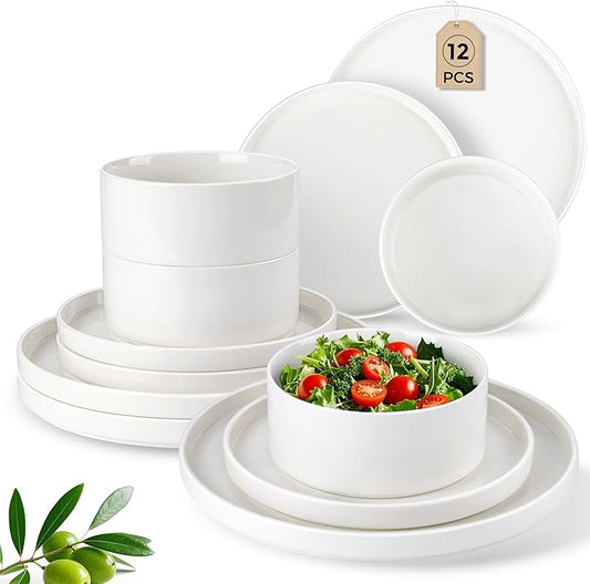 LERATIO Ceramic Dinnerware Sets for 4,12 Pieces Poreclain Plates and Bowls Sets,Scratch Resistant Dishes,Dishwasher & Microwave Safe Dishes Set,Service for 4-White