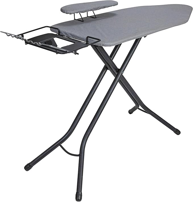 Household Essentials Wide Mega Ironing Board 4-Leg, Steel Top Pressing Station, Matte Black Frame, Grey Cover