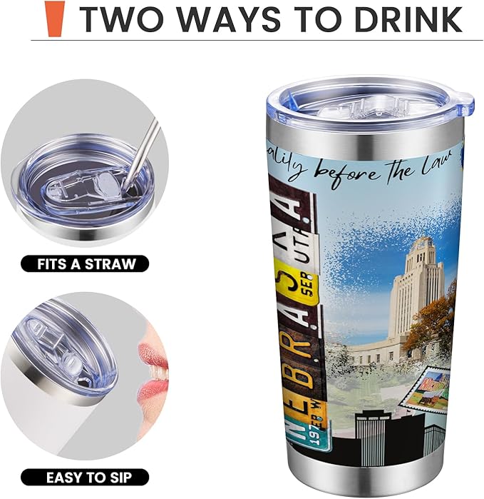 20oz Insulated Tumbler Nebraska State Coffee Mug, United States Map Travel Mug Landmark, Birthday Gifts Cute Custom Tumbler Cups with Lid and Straw Gifts for Mom