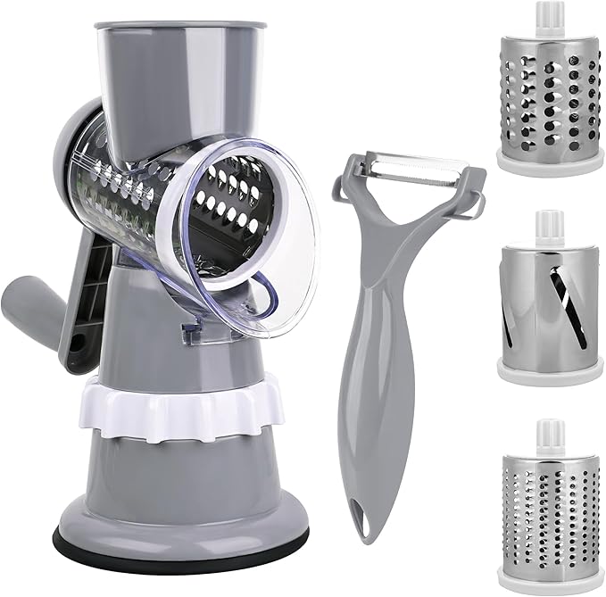 Rotary Cheese Grater Hand Crank with Peeler, Cheese Shredder with 3 Stainless Steel Changeable Blades, Kitchen Food Slicer with Non-Slip Suction Base for Cheese Fruit Vegetables Nuts (Gray)