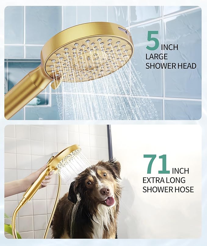 SR SUN RISE Filtered Shower Head with Handheld High Pressure 9 Spray Mode Showerhead Detachable Shower Head Water Softener Filters Beads for Hard Water Remove Chlorine 4 Filters Brushed Gold