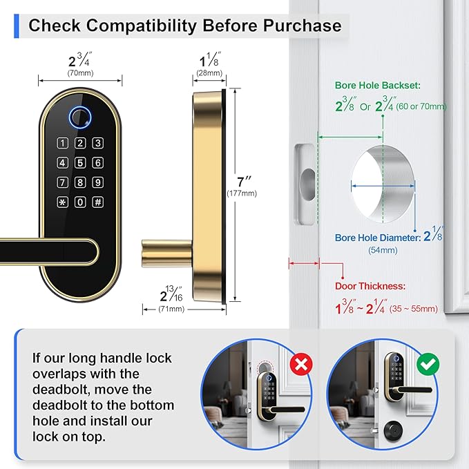 Bluetooth Fingerprint Smart Lock with Handle & Keypad – Fits Most US Doors, DIY Install, Keyless Entry: Code, FOB, Auto-Lock. Ideal for Home, Airbnb, Rental, Kids, Seniors. Alexa & Google Compatible