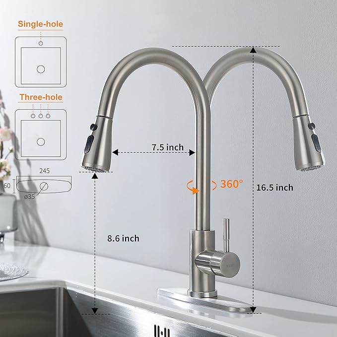 Keer Brush Nickel Single Handle Pull Down Kitchen Faucet with Soap Dispenser, 3 Modes Sprayer, Easy Assembly, Single Handle High Arc Stainless Steel Faucet