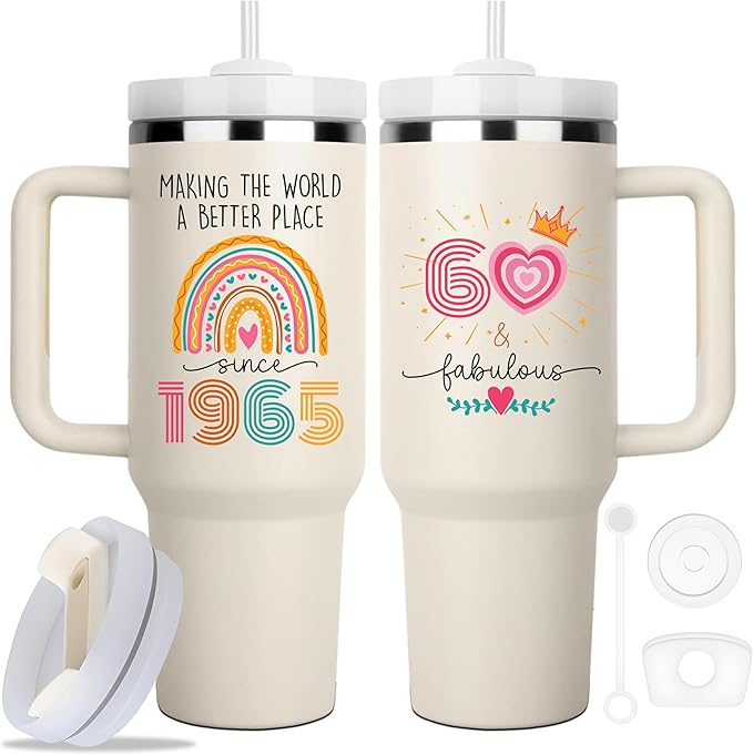 60th Birthday Gifts for Women, 60 Fabulous Gift For Her Mom, Cool 60th Birthday Gifts Tumbler 40oz, 60 Years Old 1965 Birthday Gifts for Women, 60th Birthday Decorations for Woman, Turning 60 Present