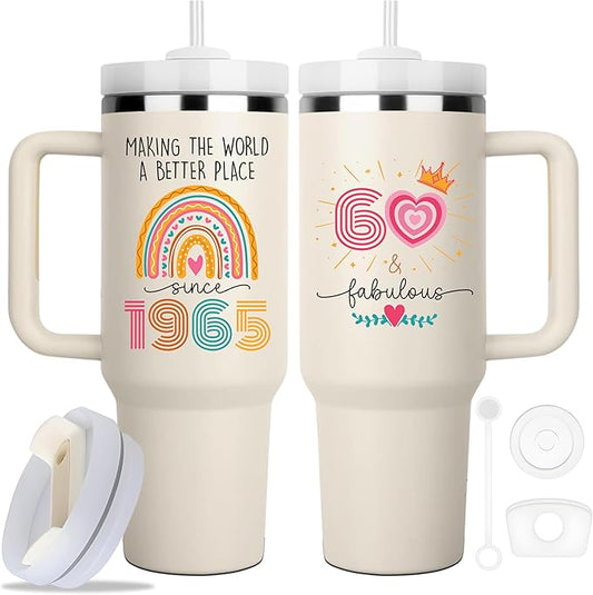 60th Birthday Gifts for Women, 60 Fabulous Gift For Her Mom, Cool 60th Birthday Gifts Tumbler 40oz, 60 Years Old 1965 Birthday Gifts for Women, 60th Birthday Decorations for Woman, Turning 60 Present