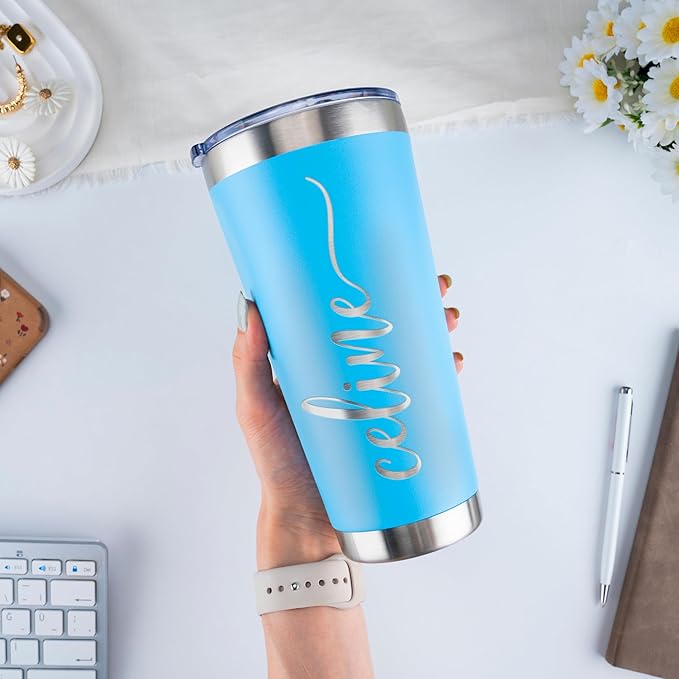 Updated, Personalized Tumblers, Stainless Steel 30 oz Tumbler w/Lid |13 Designs| Personalized Cups Double Walled Insulated Coffee Cup for Travel, Fitness | Hot & Cold Drink Use - Sky Blue