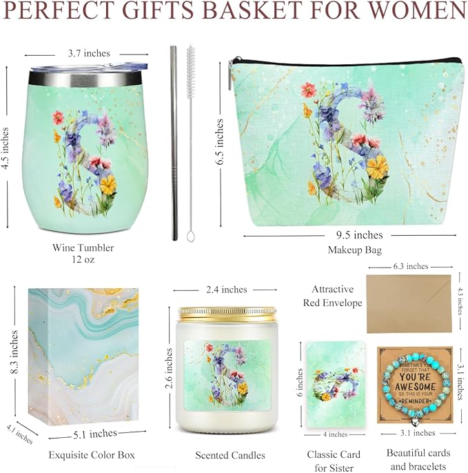 Personalized Gifts Monogrammed Birthday Gifts for Women, New Mom, Grandma Valentine's Day Thank You Christmas, Initial Wine Tumbler Makeup Bag Scented Candle Bracelet Set, (Aesthetic Green Flower S)