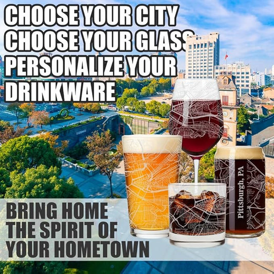 Blue Ridge Mountain Gifts - Pittsburgh Souvenir - Pennsylvania Glassware Gift, Etched City Map, Laser Engraved and Dishwasher Safe