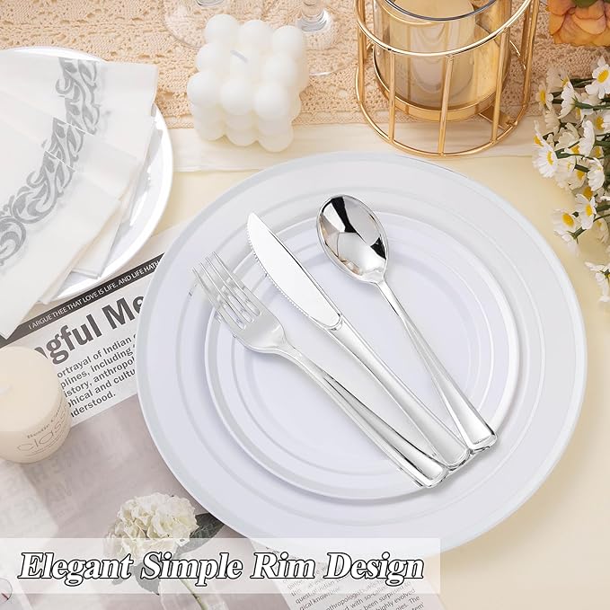 BESTSTAR 200PCS Silver Plastic Plates Set, 100 10.25 inch Dinner Plates and 100 7.5 inch Dessert Plates, Premium Disposable Plates for Party, Wedding