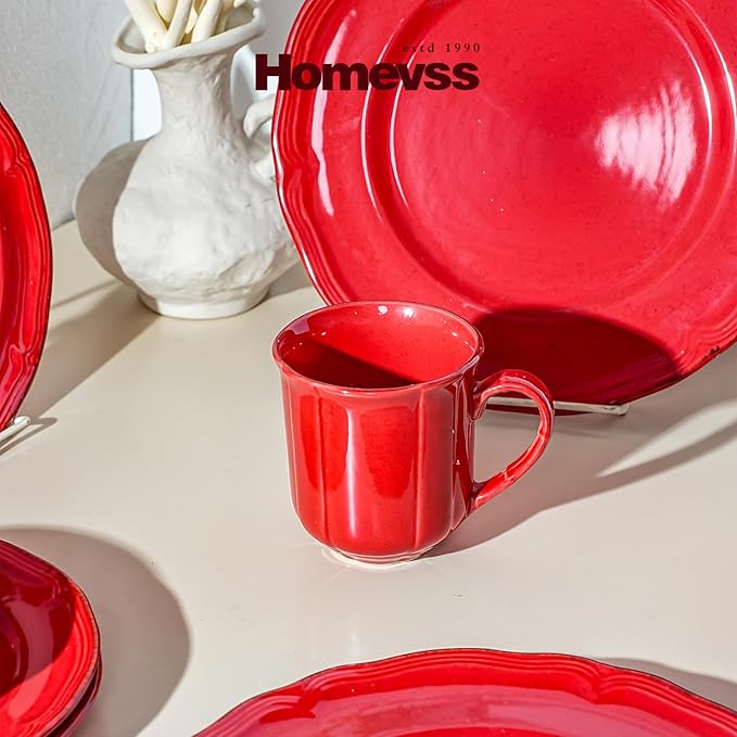 56pc Dinnerware Set, Plate and Bowl Set, Stoneware Dishes Set for 8, Microwave and Dishwahser Safe, Scratch Resistant, French Countryside Speckled Antique Red
