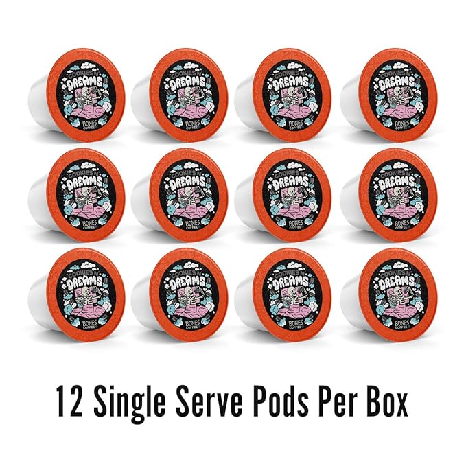 Bones Coffee Company Cookies 'N Dreams, Cookie and Cream Flavored Coffee Pods, Low Acid Medium Roast Single-Serve Bones Cups, Compatible with K-Cups Brewers Coffee Maker, 12 Count