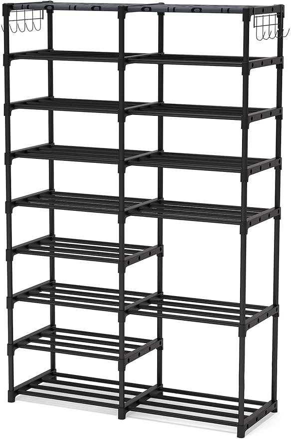 Tribesigns Shoe Rack Organizer, 32-40 Pairs Storage Shelf, 9 Tiers Stand, for Closet, Boot Organizer with 2 Hooks, Stackable Tower