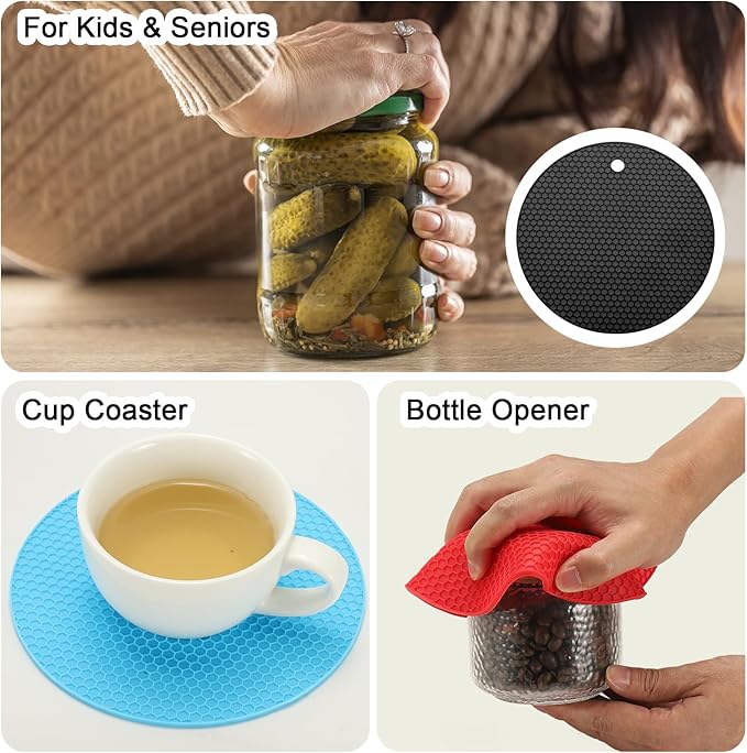 uxcell 4pcs Silicone Jar Opener Pads, 17.5cm/7" Texture Can Opener Multipurpose Round Bottle Lid Opener Non-Slip Coasters for Weak Hands Seniors Children, Black