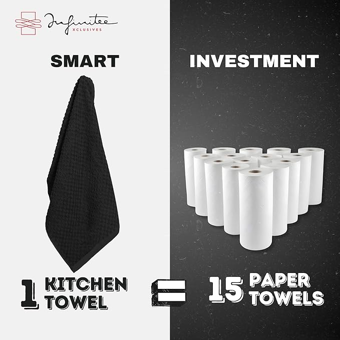 Infinitee Xclusives Premium Kitchen Towels – Pack of 3, 100% Cotton |15 x 25| Inches Absorbent Dish Towels - Terry Kitchen Dishcloth Towels - Black Dish Cloth for Household Cleaning