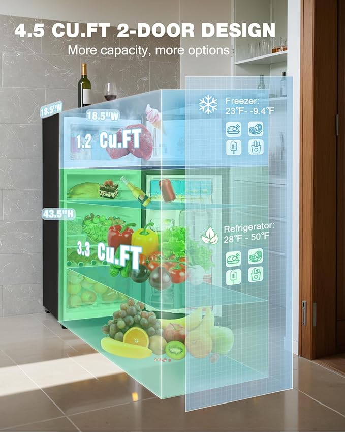 Double Door Refrigerator with Freezer, 4.5 Cu.Ft, Small Fridge with Freezer, 7 Settings Temperature Adjustable, Mini Refrigerator for Office and Apartment Bedroom Dorm(4.5 Cu.Ft, Silver)