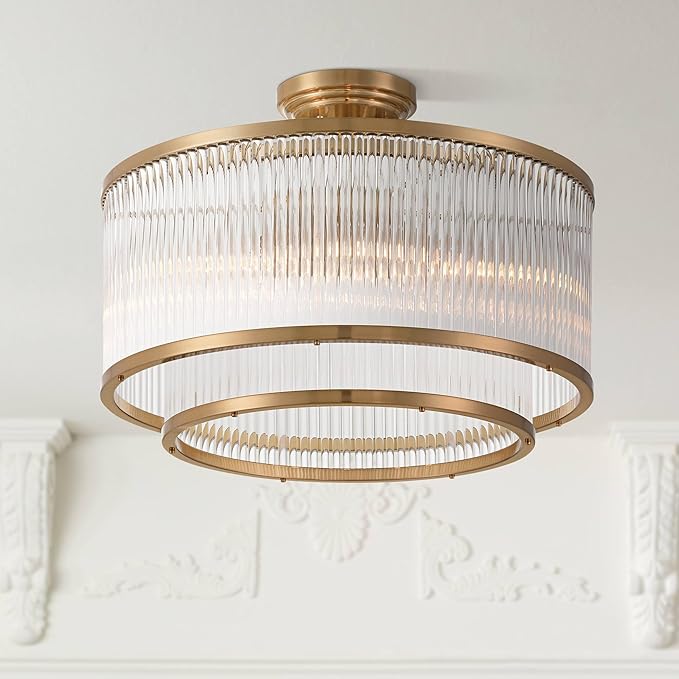 Possini Euro Design Warren 16 1/4" Modern Semi Flush-Mount Ceiling Light Fixture Kitchen Foyer Hallway Drum Round 5-Light Bronze Finish Crystal Bedroom Bathroom Entryway Living Room Indoor Small