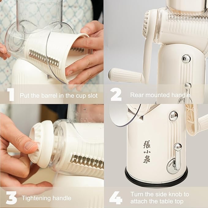 Rotary Cheese Grater Hand Crank with 5-in-1 Interchangeable Blades & Strong Suction Base Vegetables Shredder Manual Slicer for Kitchen, Cream