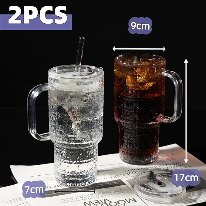 20 oz Glass Tumbler With Lid and Straw Set, 4 Pcs Large Ribbed Glass Tumbler, Reusable Iced Coffee Cups for Water, Tea, Coffee, Juice, Yogurt, And Soda Water