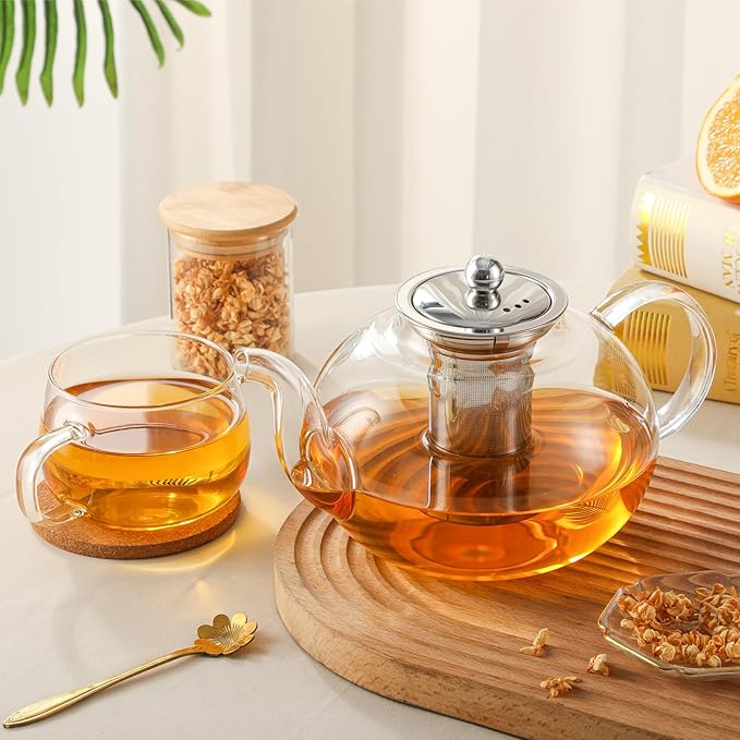 50OZ/1500ML Glass Teapot Set with 4 Teacups & Removable Stainless Steel Infuser, Stovetop & Microwave Safe Clear Tea Maker Water Kettle with 12OZ/360ML Tea Cups for Loose Leaf Blooming Tea