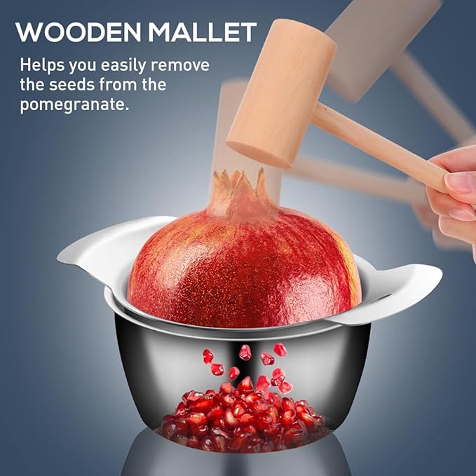 304 Stainless Steel Pomegranate Peeling Tool, Pomegranate Deseeder, Pomegranate Deseeder Tool, Includes Cutter, Bowl, And Wooden Hammer for Easy Deseeding, for Home Kitchen (1PC)
