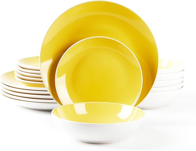 Stoneware Coupe Shape 18pc Dinnerware Set, Outside White + Inside Yellow