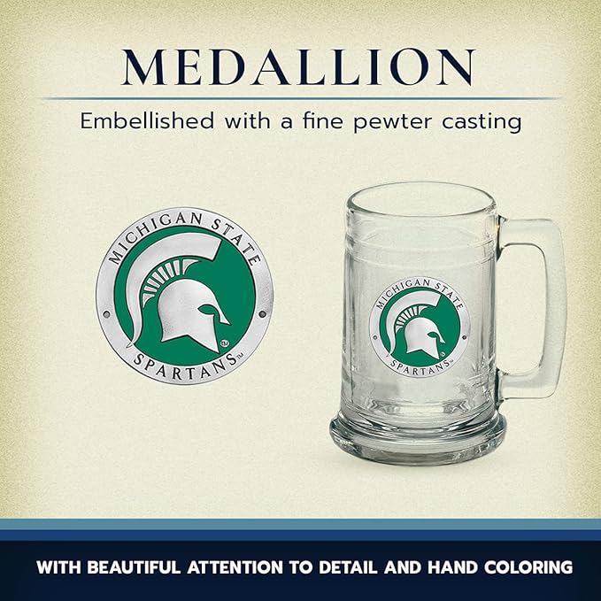 Heritage Pewter Michigan State Beer Stein Glass | 15 Ounce German-Style Beer Glass | Intricately Crafted Metal Pewter Alma Mater Inlay