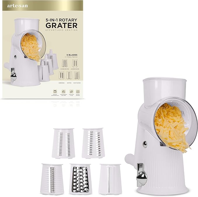 Artesan Rotary Cheese Grater with 5-Blades, Versatile Slicer for Fruits, Vegetables, Cheese - Multifunctional Chopper, Slicer, Grater, Julienne, Dishwasher Safe & Stable, Easy & Safe Meal Prep, Gray