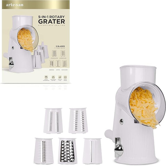 Artesan Rotary Cheese Grater with 5-Blades, Versatile Slicer for Fruits, Vegetables, Cheese - Multifunctional Chopper, Slicer, Grater, Julienne, Dishwasher Safe & Stable, Easy & Safe Meal Prep, Gray