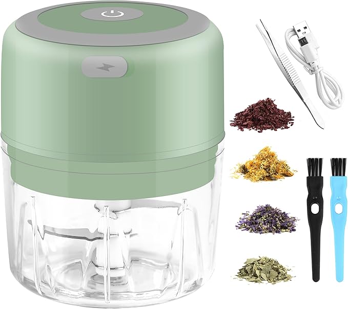 Electric Herb Grinder, 3.5 Inch Large Grinders for Grinding Dry Fresh Herbs and Spice with Clear Chamber, Portable USB Charge Herb Grinder, Including Clean Brush and Tweezers, Gift Box, Green