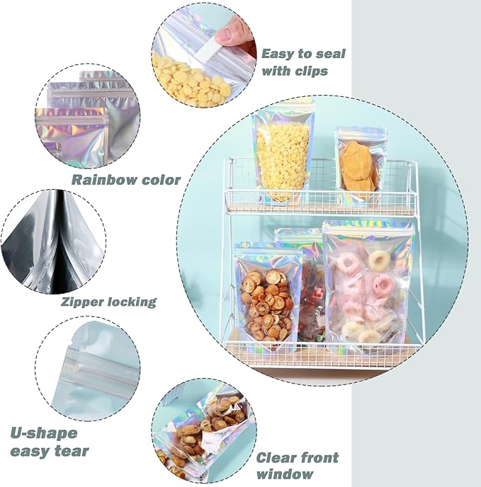 150-pack 5.9” x 8.7” Stand Up Mylar Bags with Clear Window Holographic Resealable Foil Pouches for Food Storage Smell Proof Edible Packaging Bag for Small Business, Small Holographic Bag Bulk