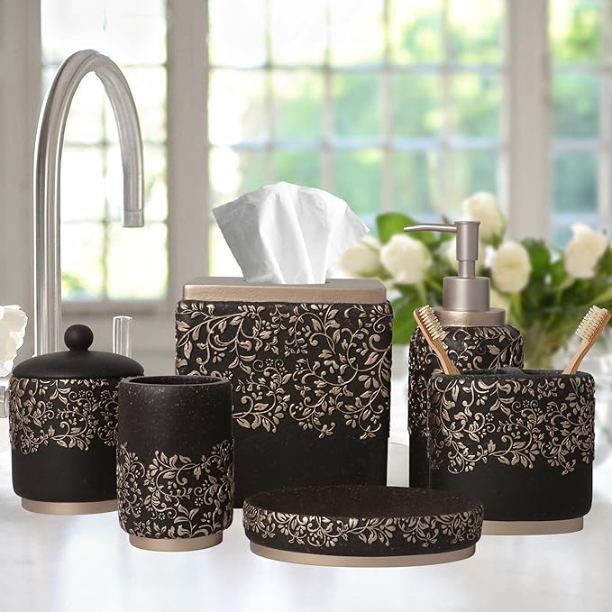 Decozen Bathroom Accessories Set 6Pcs – Soap Dispenser, Toothbrush Holder, Tumbler, Soap Dish & Cotton Swab Jar – Modern Bathroom Decor, Bath Set for Christmas Decor, Stella