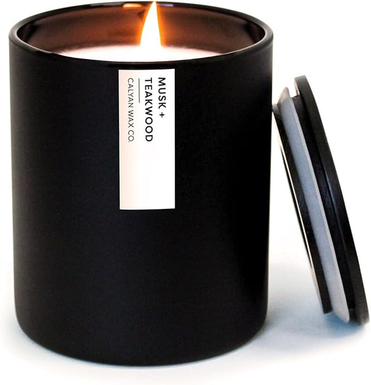 Calyan Wax Co. Musk & Teakwood Scented Candle - 75 Hour Burn - Luxury Non Toxic Soy Wax Candles - Long Lasting Black Tumbler Jar Candle for Home - 10.2oz