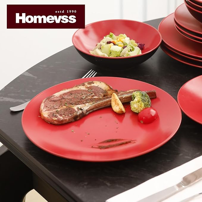 Stoneware Two-Tone Colors Life 18pc Dinner Set，Outside Shiny Black + Inside Matte Glaze Red