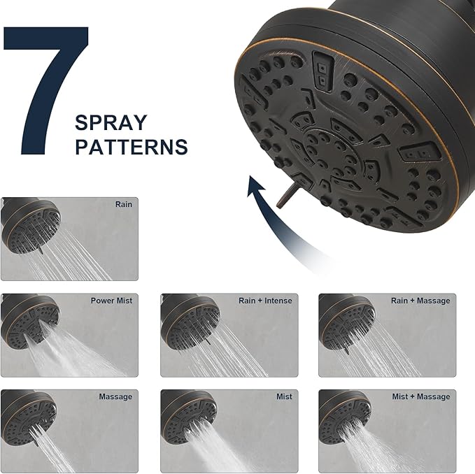 High Pressure Shower Filter Head Oil Rubbed Bronze Fixed Shower Head 7 Settings, 5 Inch Bathroom Rain Shower Head with Enhanced Filter for Hard Water, Reduces Chlorine and Harmful Substances