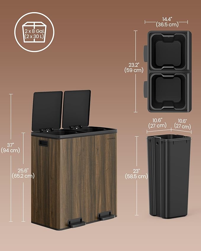 SONGMICS Trash Can, 2 x 8-Gallon Garbage Can for Kitchen, with 15 Trash Bags, 2 Compartments, Plastic Inner Buckets and Hinged Lids, Airtight, Dark Walnut ULTB060N02V1