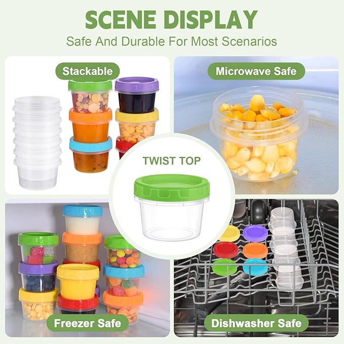 2 oz Small Plastic Containers with Lids, 12 Pack Salad Dressing Container, Reusable Condiment Containers Sauce Cups, with Pen and Brush, Freezer, Microwave & Dishwasher Safe