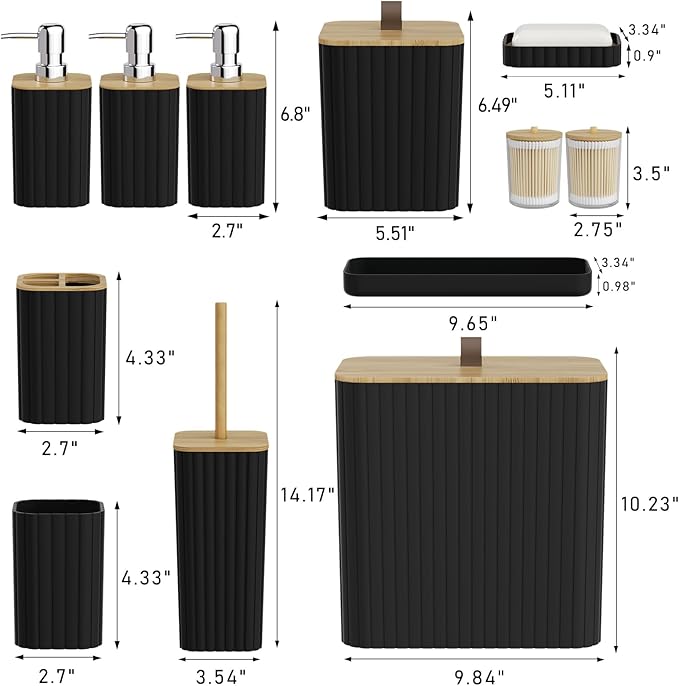 Bathroom Accessory Set - Black Bathroom Set, 12PC Bathroom Accessories Set, Black Bathroom Accessories Set, Mini Trash Can, Toilet Brush, Trash Can & Soap Dispenser