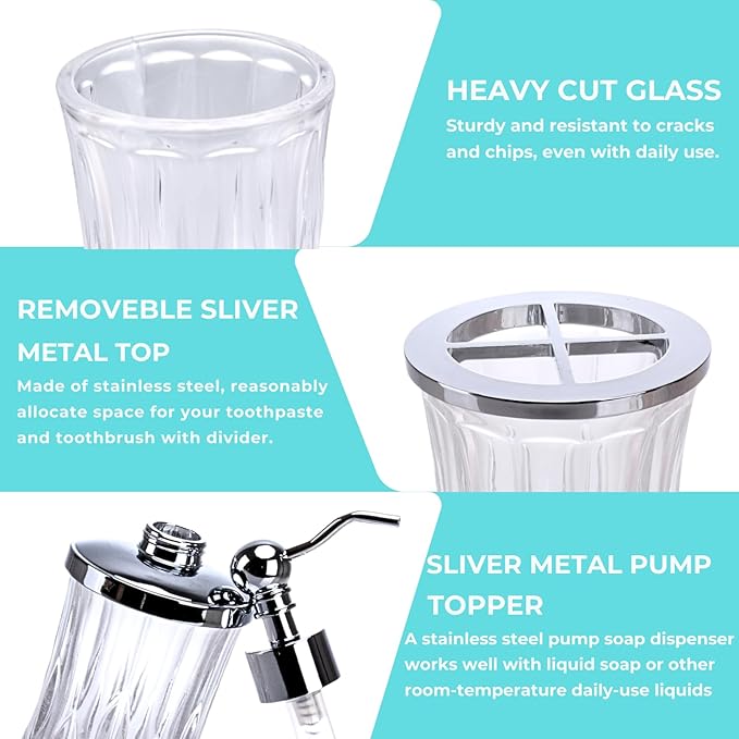Bathroom Accessories Set,5 Pcs Clear Glass Bathroom Accessory Set,Complete Lotion Soap Dispenser,Toothbrush Holder,Soap Dish,Tumbler & Jar,Modern Bathroom Decor Sets,Gift for Home Apartment,Round