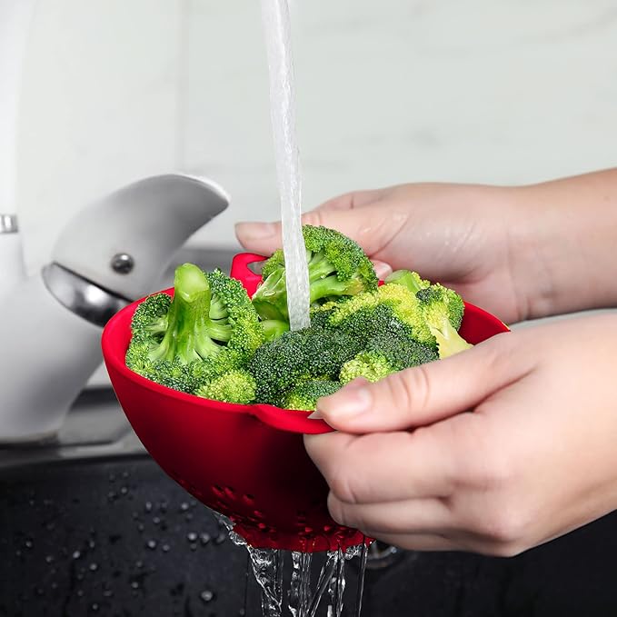 Meadow Lane 6-inch Small Colander, BPA-Free, Dishwasher Safe, Double Handles, Compact Food Strainer for Berries, Veggies and Pasta, 3-Cup Capacity, Cardinal Red